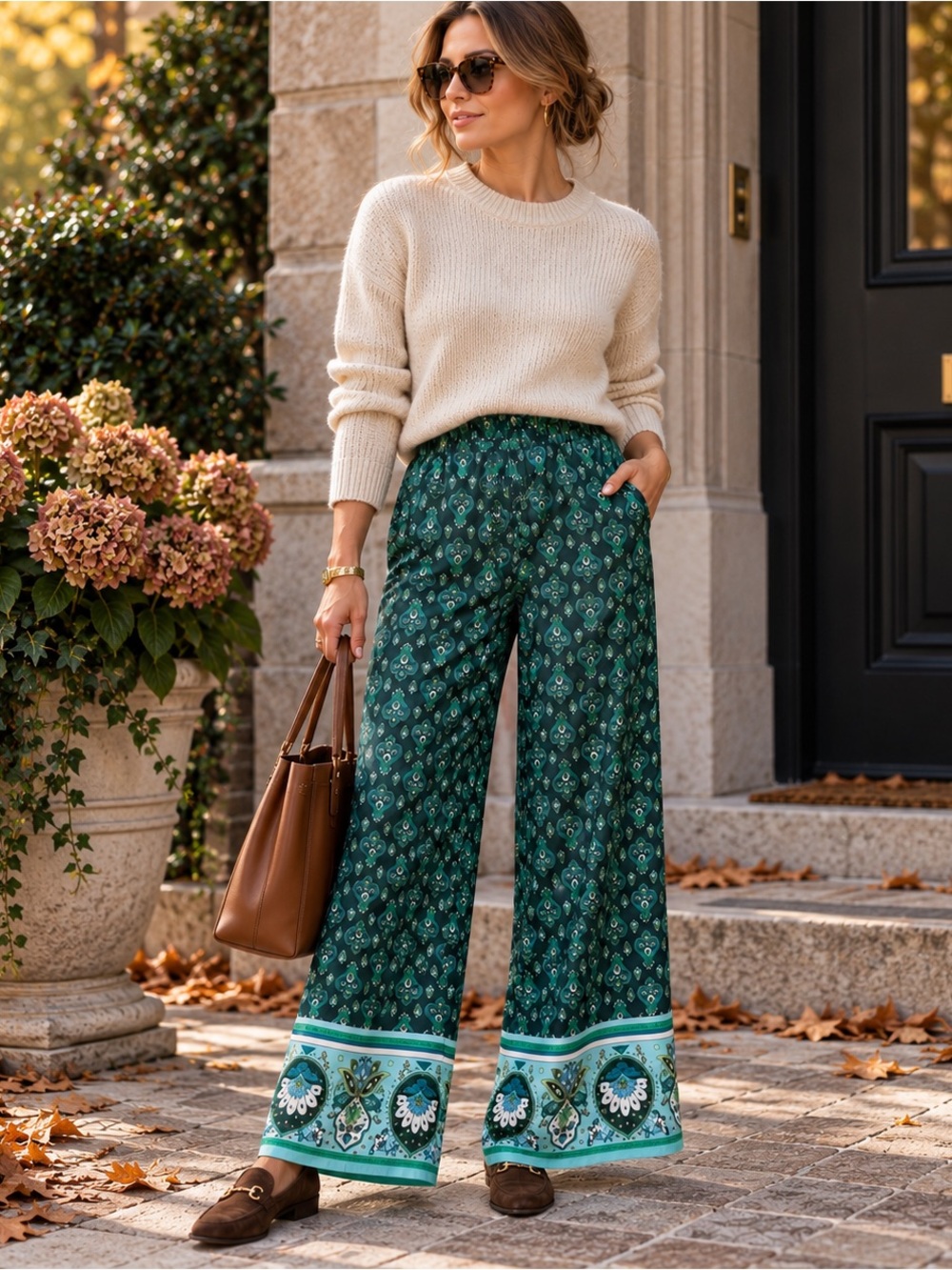 LOFT Paisley Wide Leg Pants XS Teal Green Border Print Colorful Resort Boho NWT - Picture 9 of 9